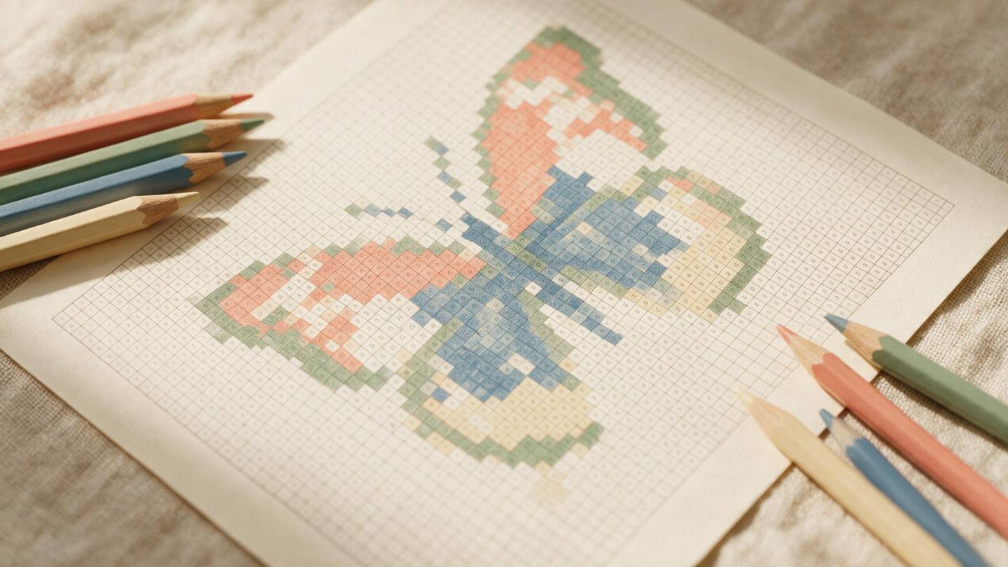 A printed numbered grid on linen, half filled in with coloured pencil so a pixel butterfly is emerging