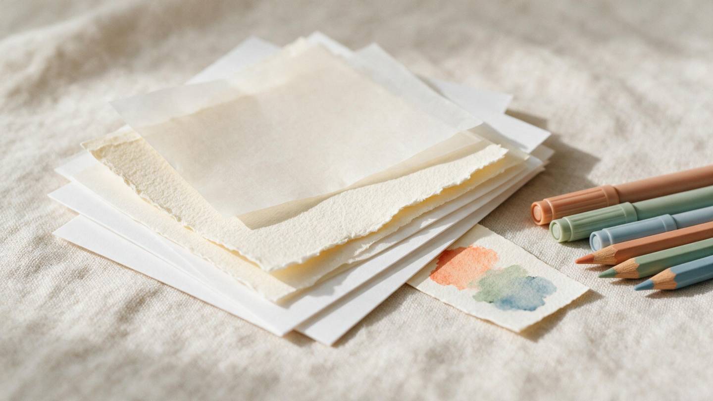 A fanned stack of cardstock, watercolour paper and copy paper beside markers and coloured pencils