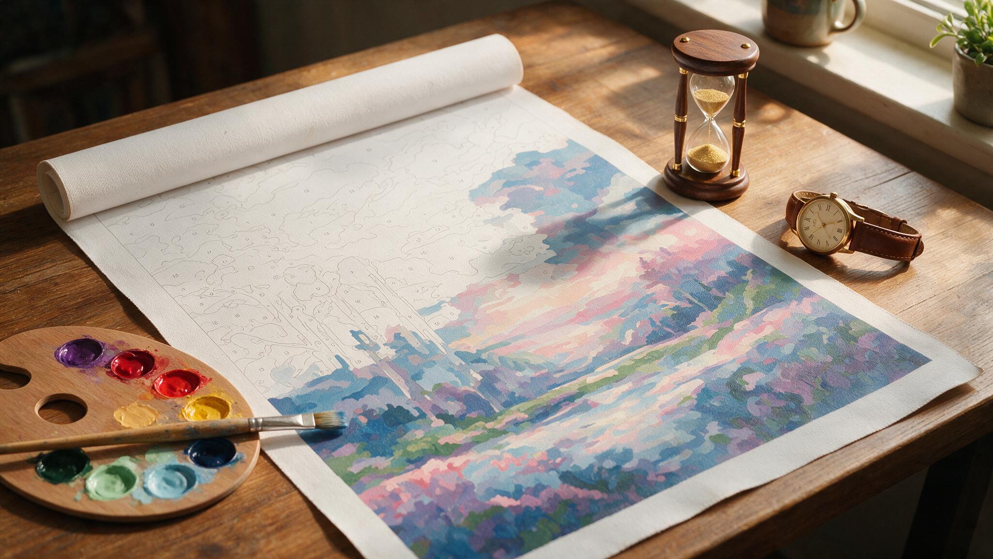 An overhead flat-lay of a large paint-by-numbers canvas about 60 percent complete, showing blank numbered regions on one side and fully painted regions on the other, with an hourglass and wristwatch nearby