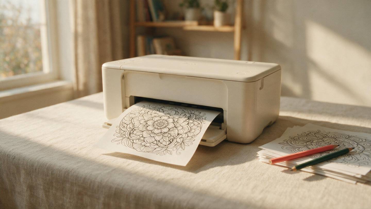A home printer on a linen desk with a freshly printed line-art colouring page emerging