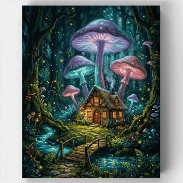Glowing Mushroom Cottage paint by numbers kit canvas