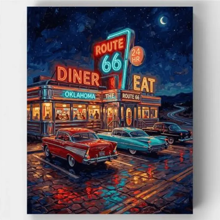 Route 66 Diner Night paint by numbers kit canvas