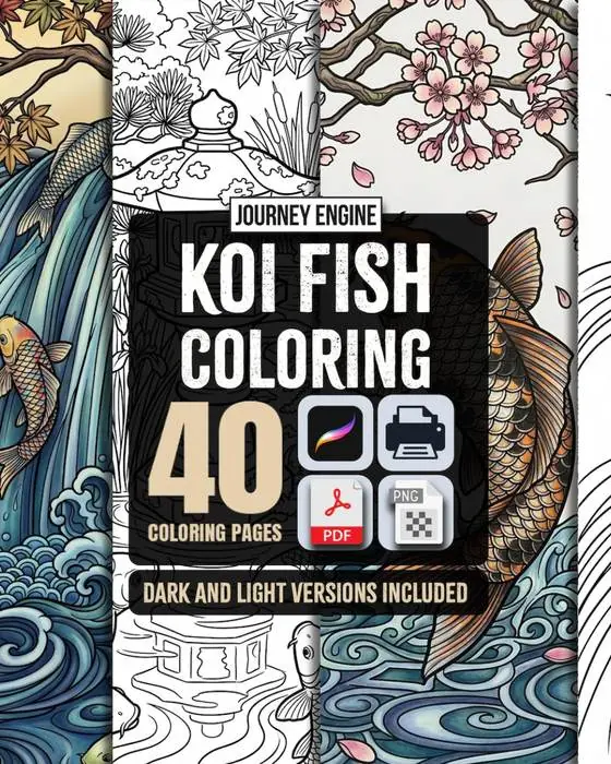 Koi Fish coloring pages — Japanese garden and pond scenes