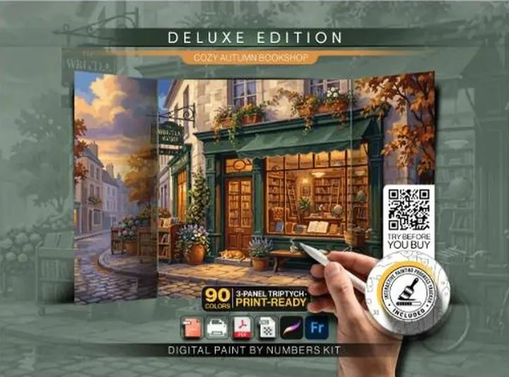 Cozy Autumn Bookshop, 3-panel triptych paint by numbers