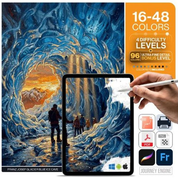 A digital paint-by-numbers kit cover showing an ice cave painting with four difficulty levels marked