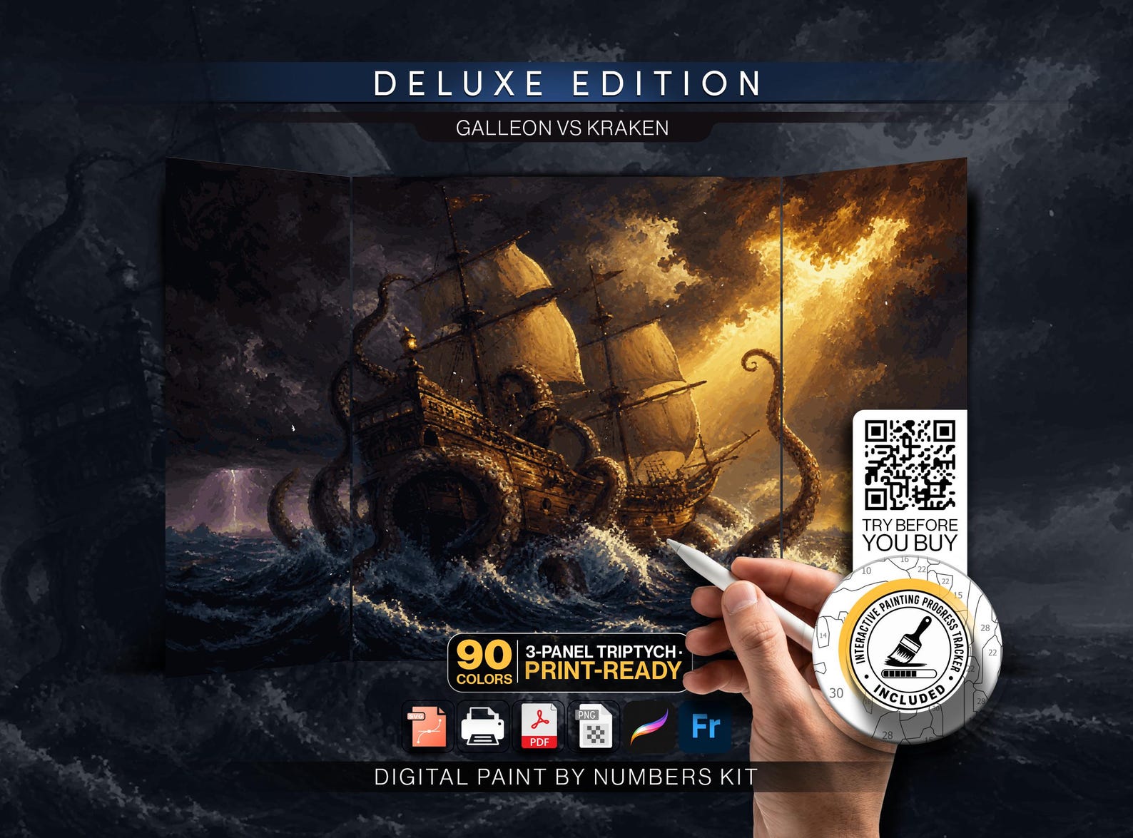 Kraken vs Galleon, 3-panel triptych paint by numbers