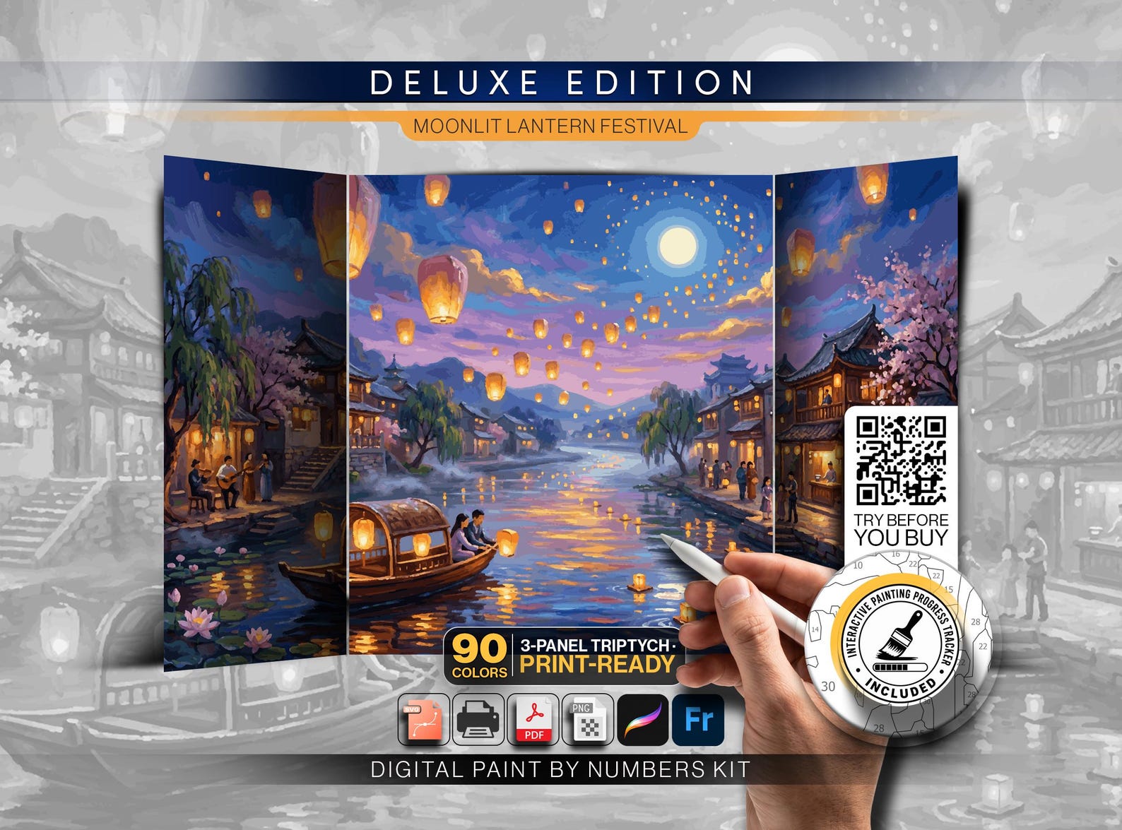 Moonlit Lantern Festival, 3-panel triptych paint by numbers