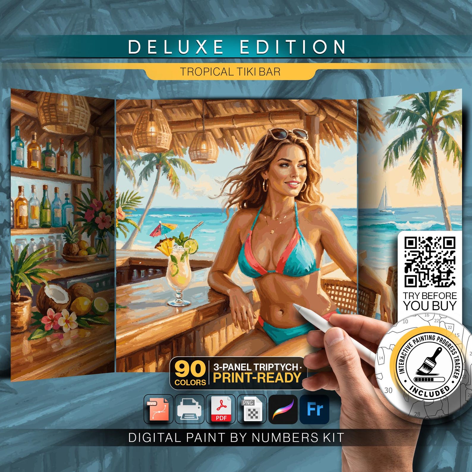 Tropical Tiki Bar, 3-panel triptych paint by numbers