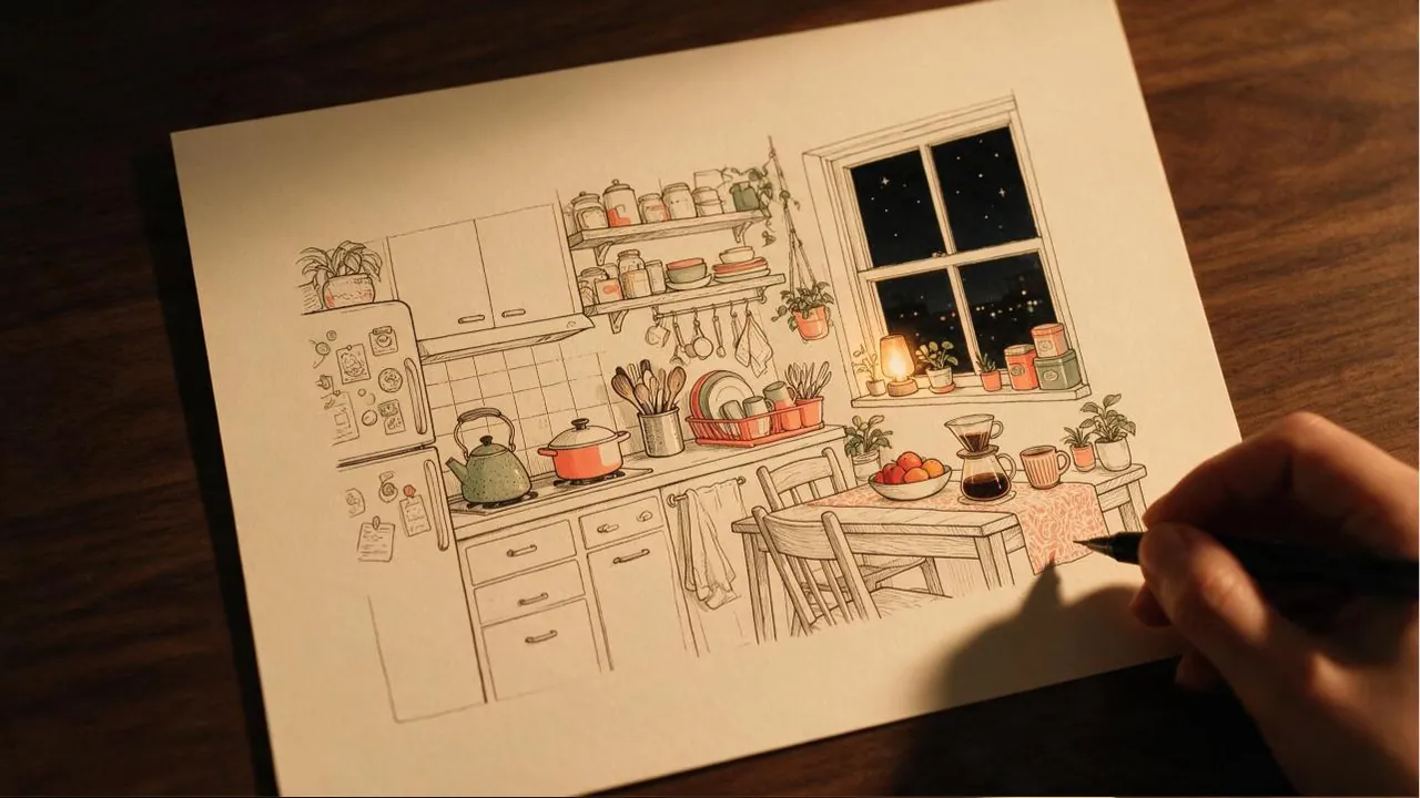 A close-up of a partly coloured line drawing of a kitchen at night, lit by a single warm lamp
