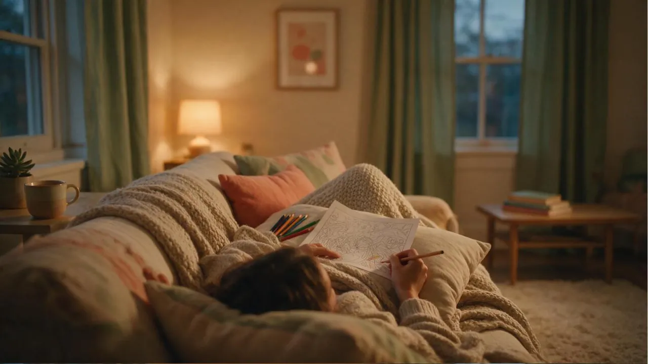 A person colouring on a sofa under a knitted blanket in the evening beside a warm lamp