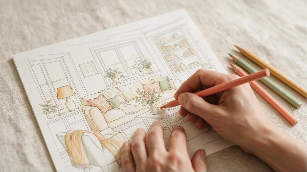 A hand filling in a detailed line-art drawing of a living room with a coral coloured pencil
