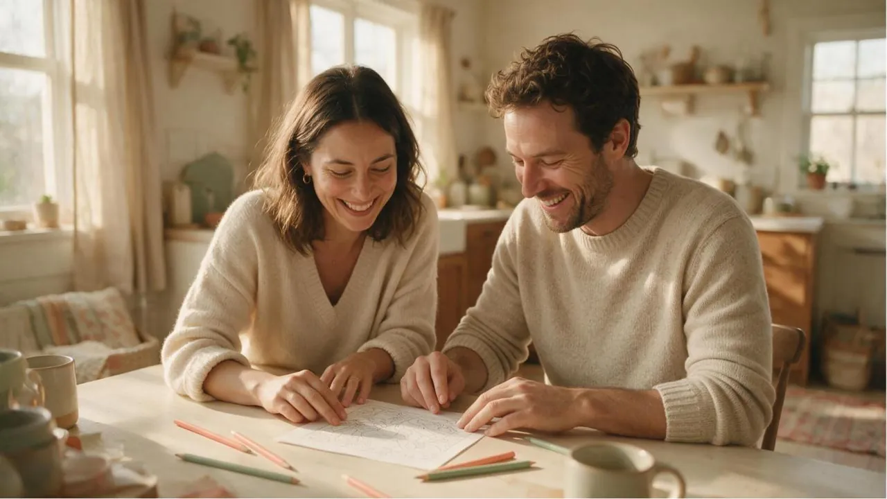 Two adults at a kitchen table laughing while looking at a printed coloring page