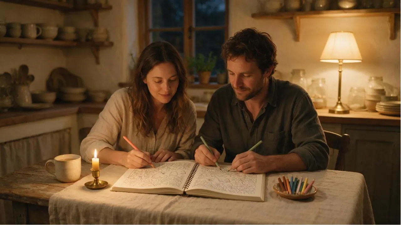 A couple colouring the same printed page at a kitchen table in the evening under a warm lamp