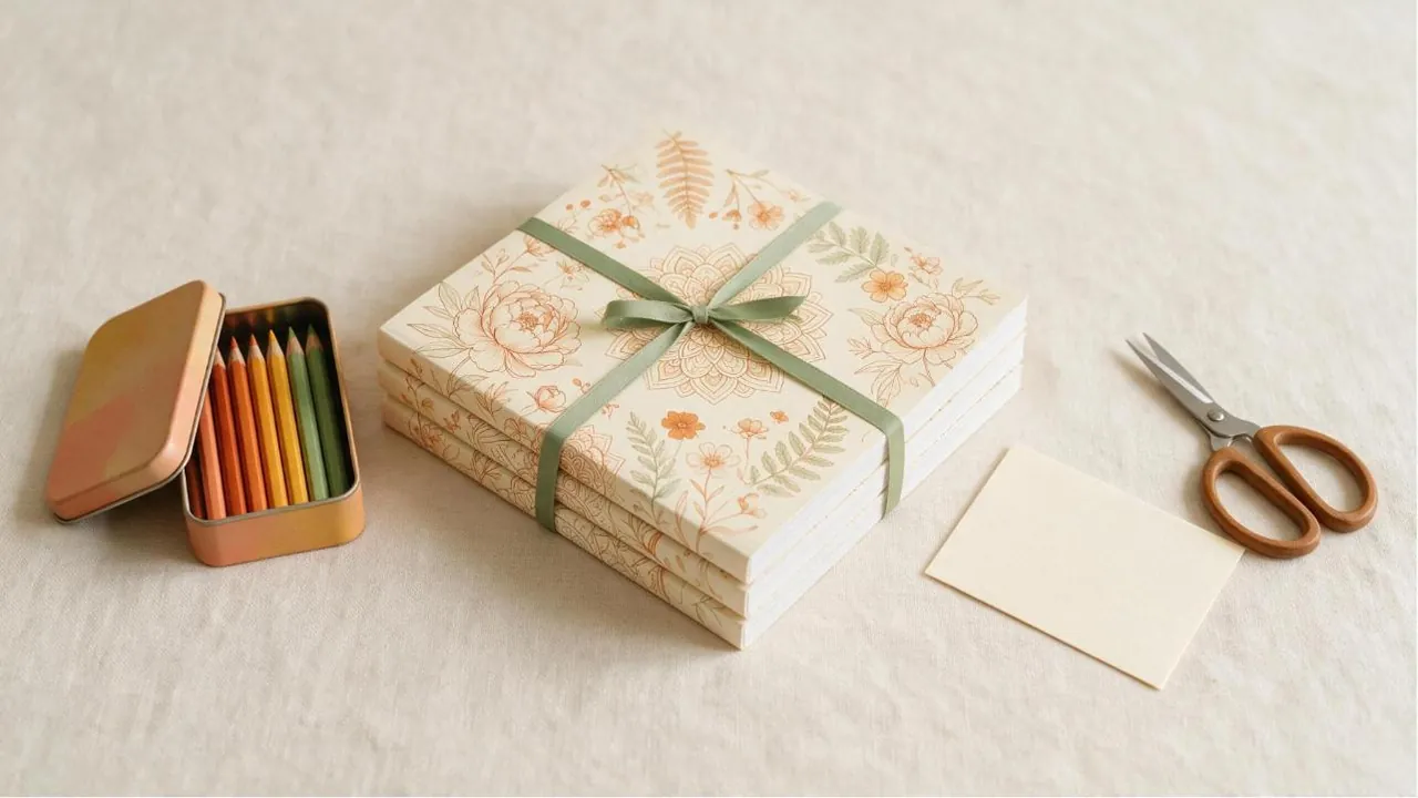 A stack of coloring books tied with sage ribbon beside an open tin of pencils, a blank card and scissors