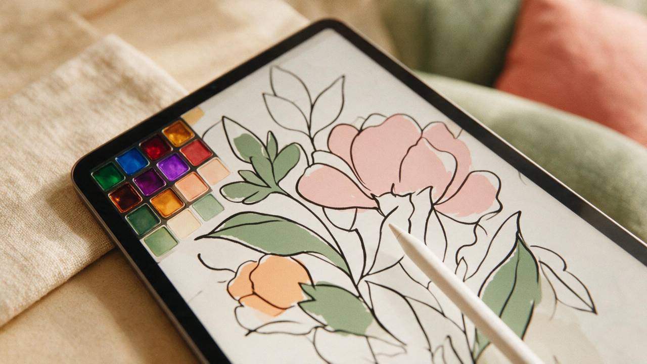 Close-up of a tablet screen showing a colour palette beside a partly flood-filled line drawing
