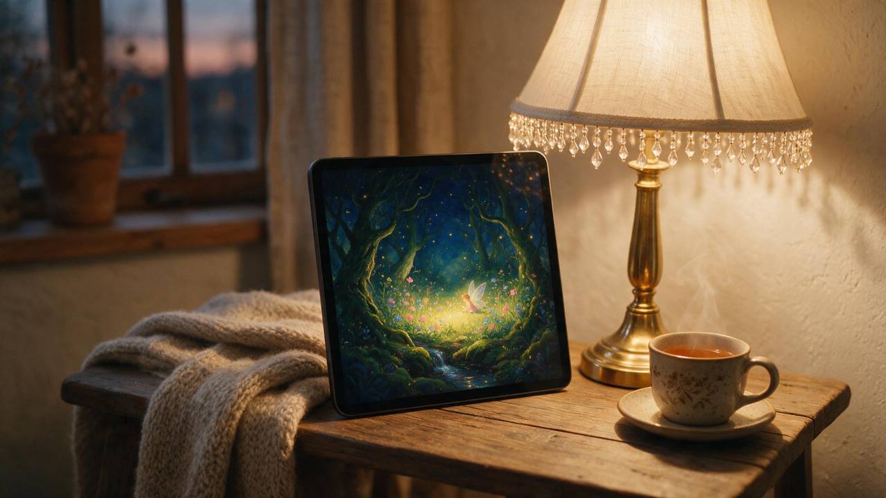 A tablet propped on a side table in lamplight showing a finished, fully coloured painting