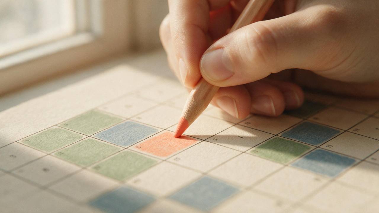 Close-up of a hand filling one square of a numbered grid with a coral coloured pencil