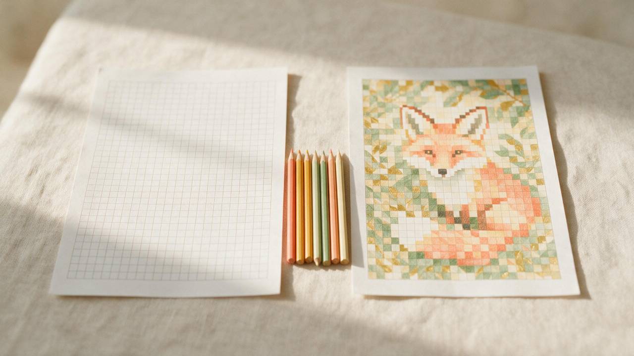An untouched numbered grid beside the same grid completed, revealing a pixel-art fox