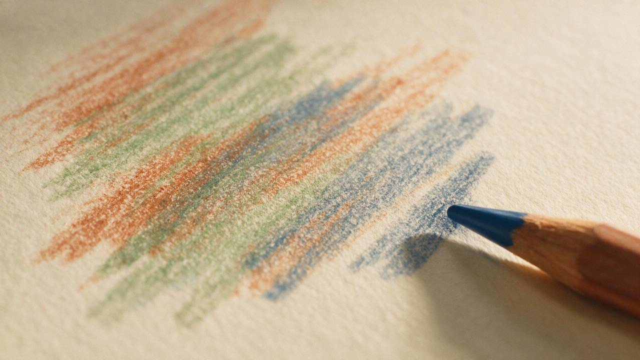 Macro photograph of coloured pencil strokes layering over textured cream cardstock