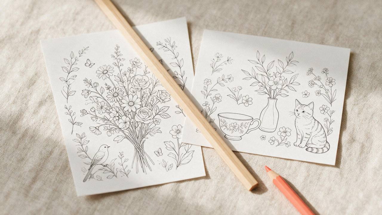 Two printed line-art colouring pages of slightly different sizes laid side by side with a ruler