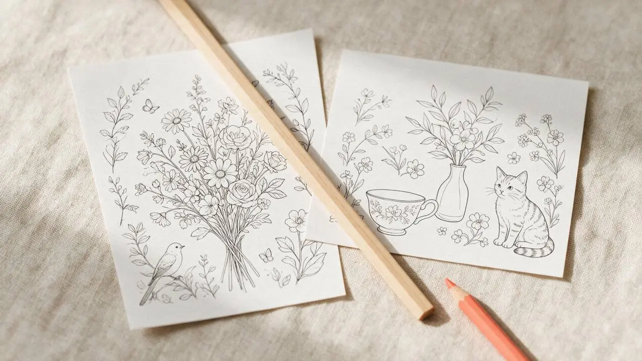 Two printed line-art colouring pages of slightly different sizes laid side by side with a ruler