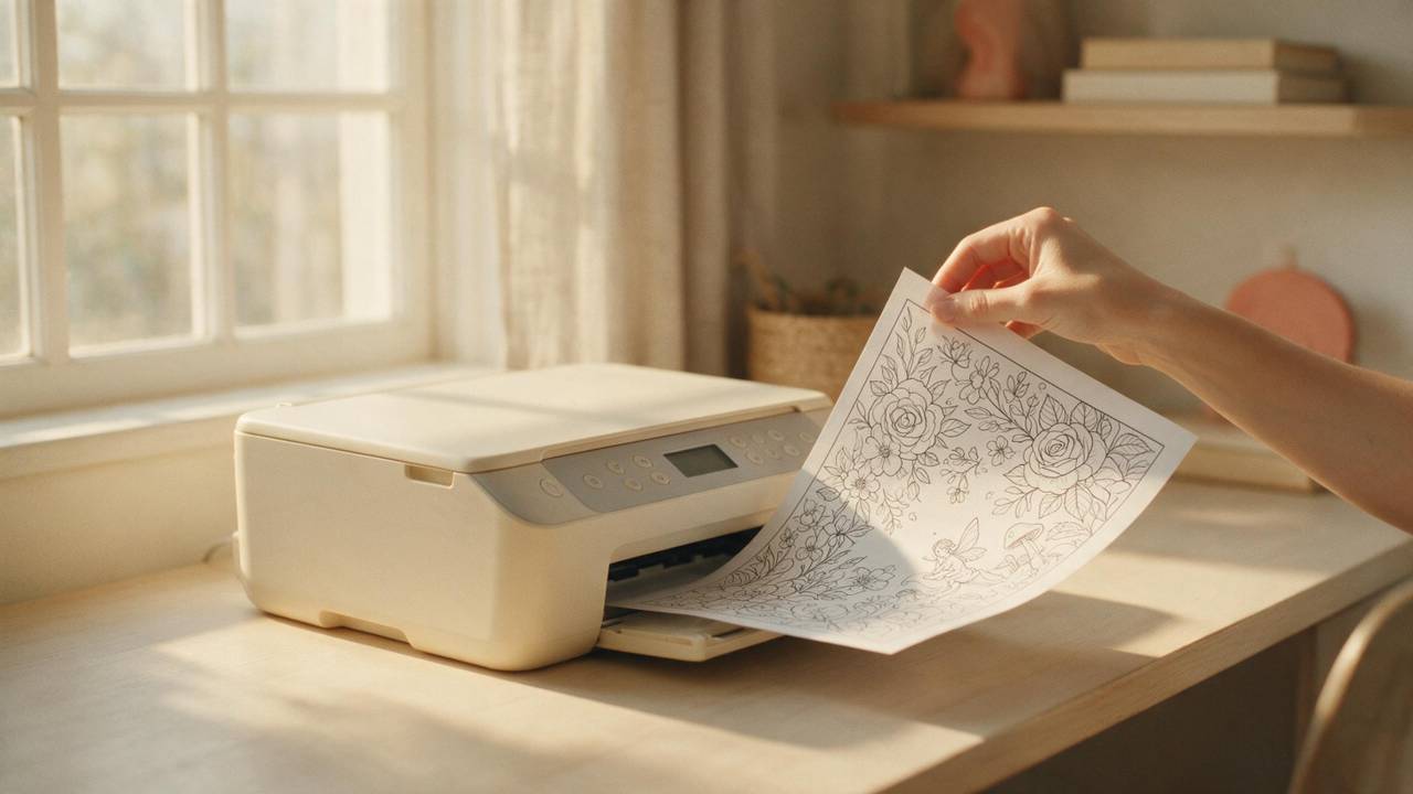 A hand lifting a crisp freshly printed line-art colouring page from a printer tray