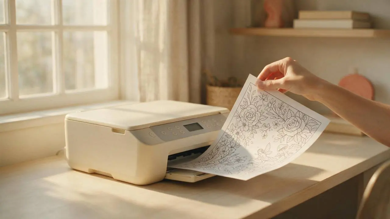 A hand lifting a crisp freshly printed line-art colouring page from a printer tray