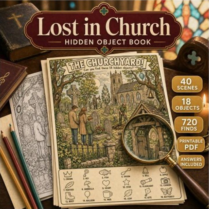A hidden object book cover showing a churchyard scene with a magnifying glass and an object list