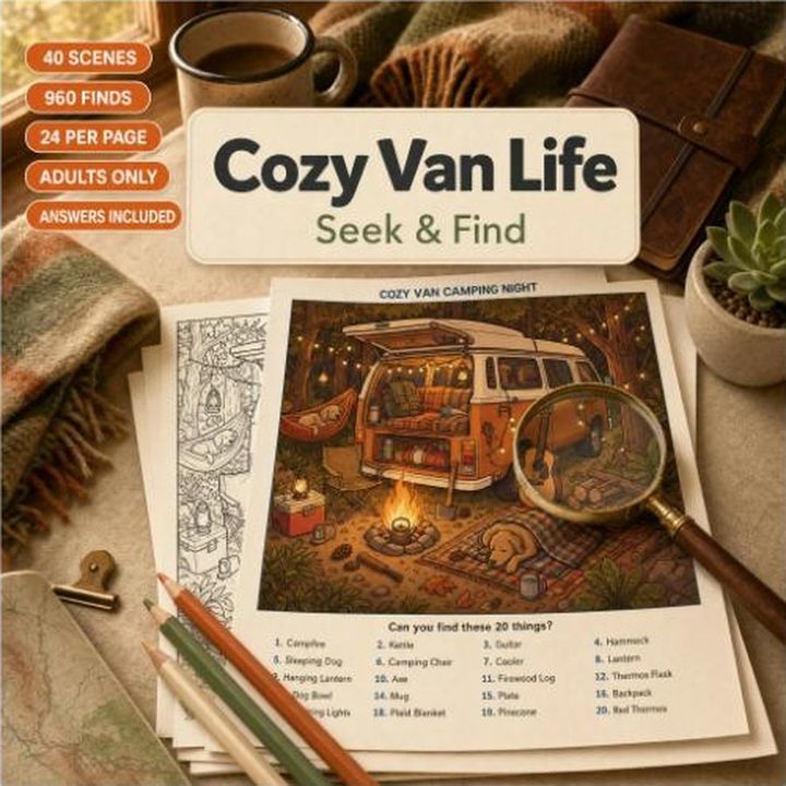 A seek-and-find puzzle book cover showing an illustrated camper van scene with an item list beneath it