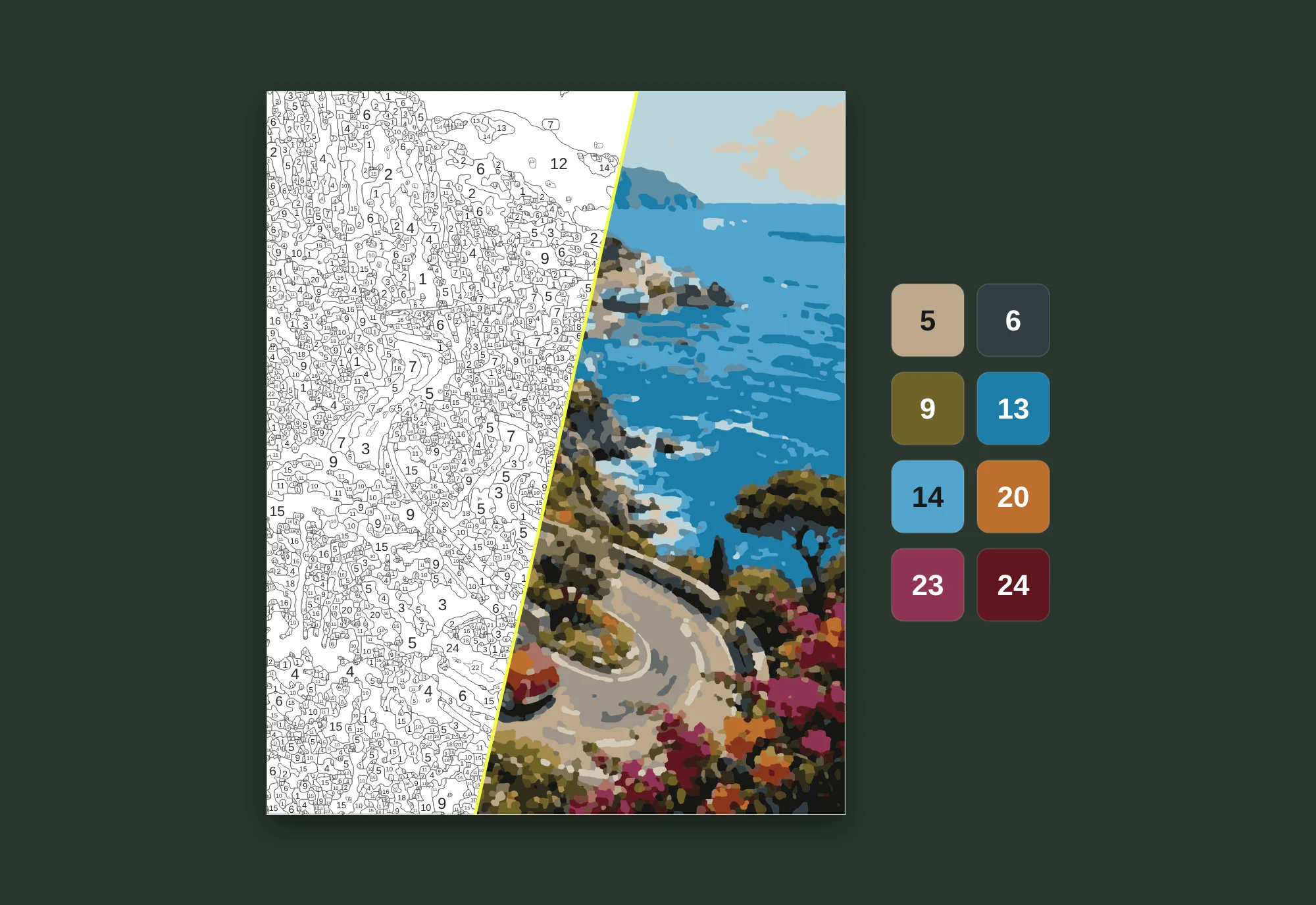 Amalfi Coast paint by numbers: numbered template on the left, finished painting on the right