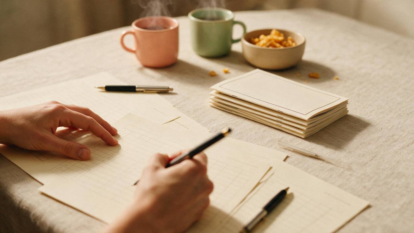 Printed quiz answer sheets and pens on a linen table during a quiz night at home