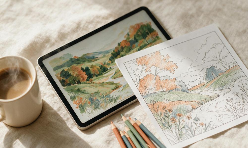 A printed colouring page part-filled with coloured pencil beside a tablet and a cup of coffee